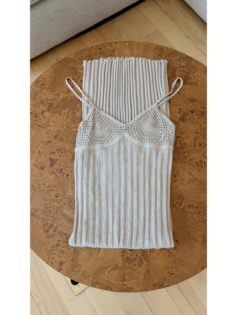Zara Ribbed Knit Dress with Crochet Detail in Cream